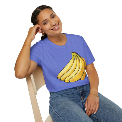 Woman wearing a cornflower blue t-shirt featuring an illustration of a bunch of bananas.