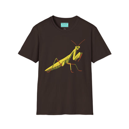 Brown t-shirt featuring an illustration of a green praying mantis on the front.