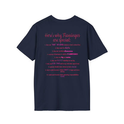 Back of a navy unisex short-sleeve tee that proudly declares “Here’s why flamingos are special” above a list of 10 fun flamingo facts — because nothing says style like bird-based trivia on your back.