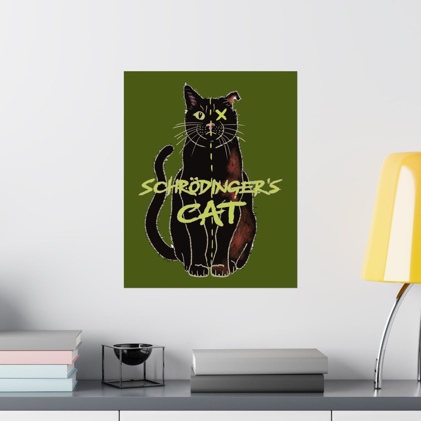 Schrodinger's Cat Art Print Poster, Green Physics Poster, Black Cat Wall Art