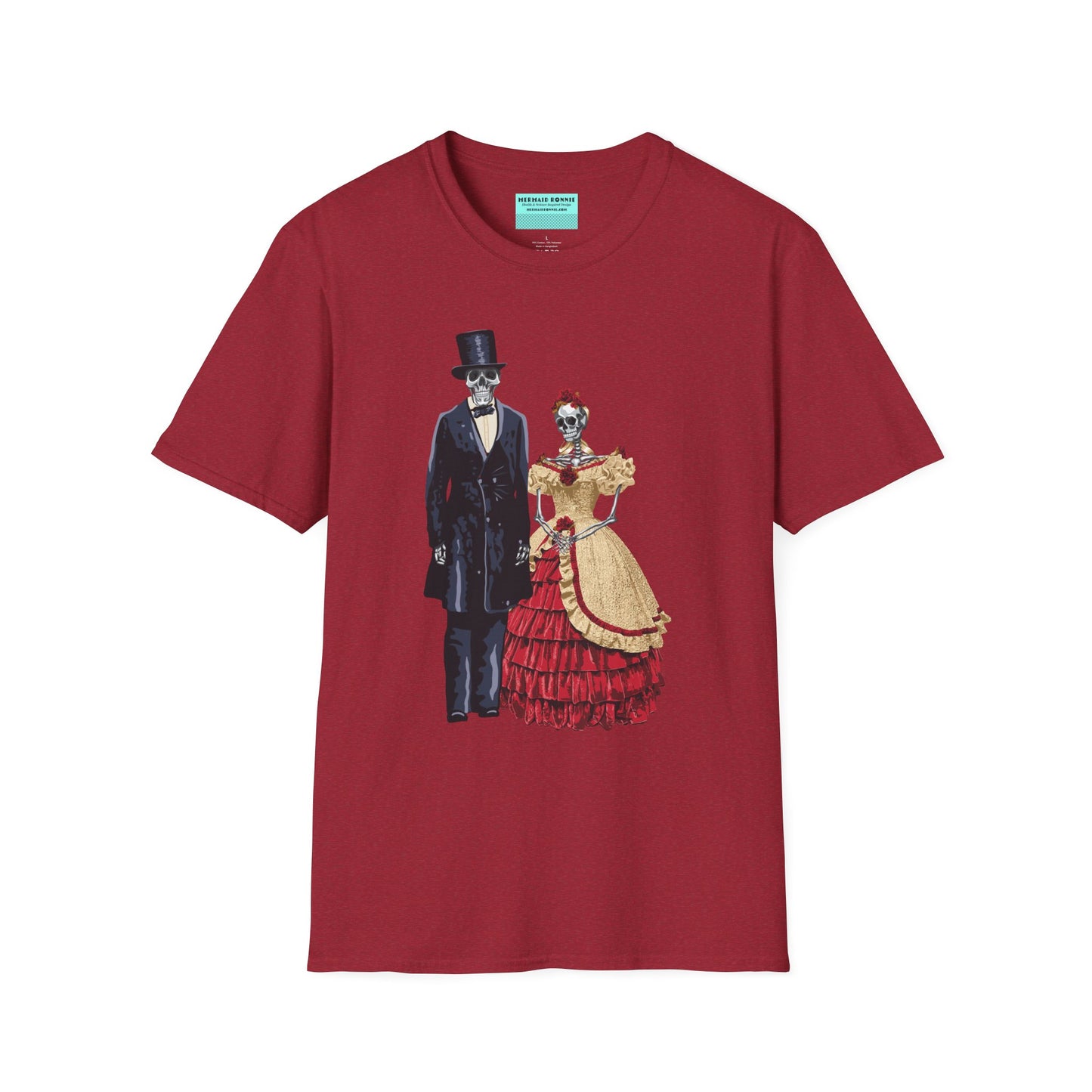 Red t-shirt featuring skeletons dressed as Abraham and Mary Todd Lincoln, with the skeletons wearing period-specific clothing.