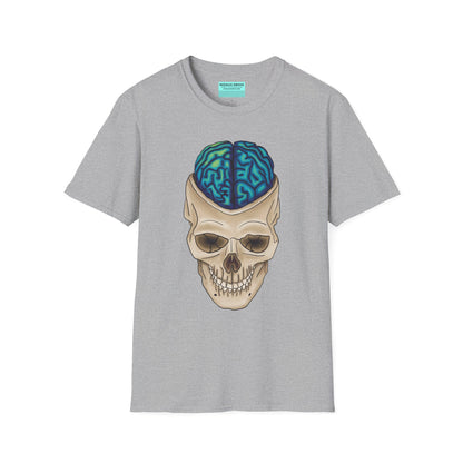 Light grey t-shirt featuring a drawing of an anatomical skull, with a brain emerging from the top.