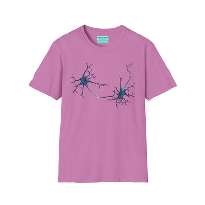 Light purple t-shirt featuring an illustration of two blue neurons extending toward each other and forming a synapse across the front.