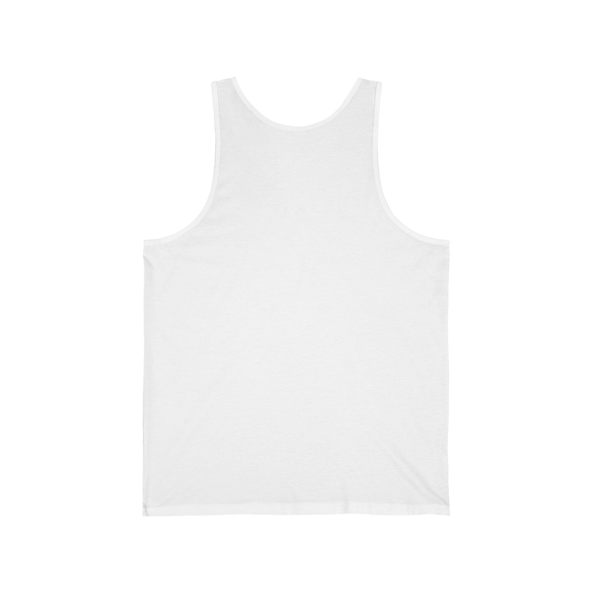 The back view of a white unisex adult tank top.