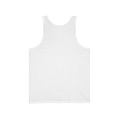 The back view of a white unisex adult tank top.