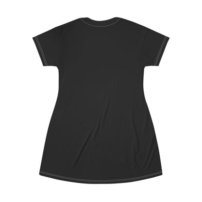 The posterior side of a black t-shirt dress with white stitching