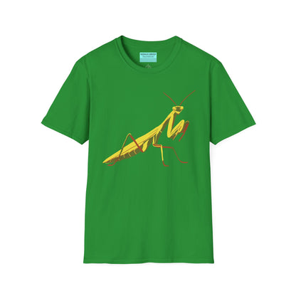 Green t-shirt featuring an illustration of a green praying mantis on the front.