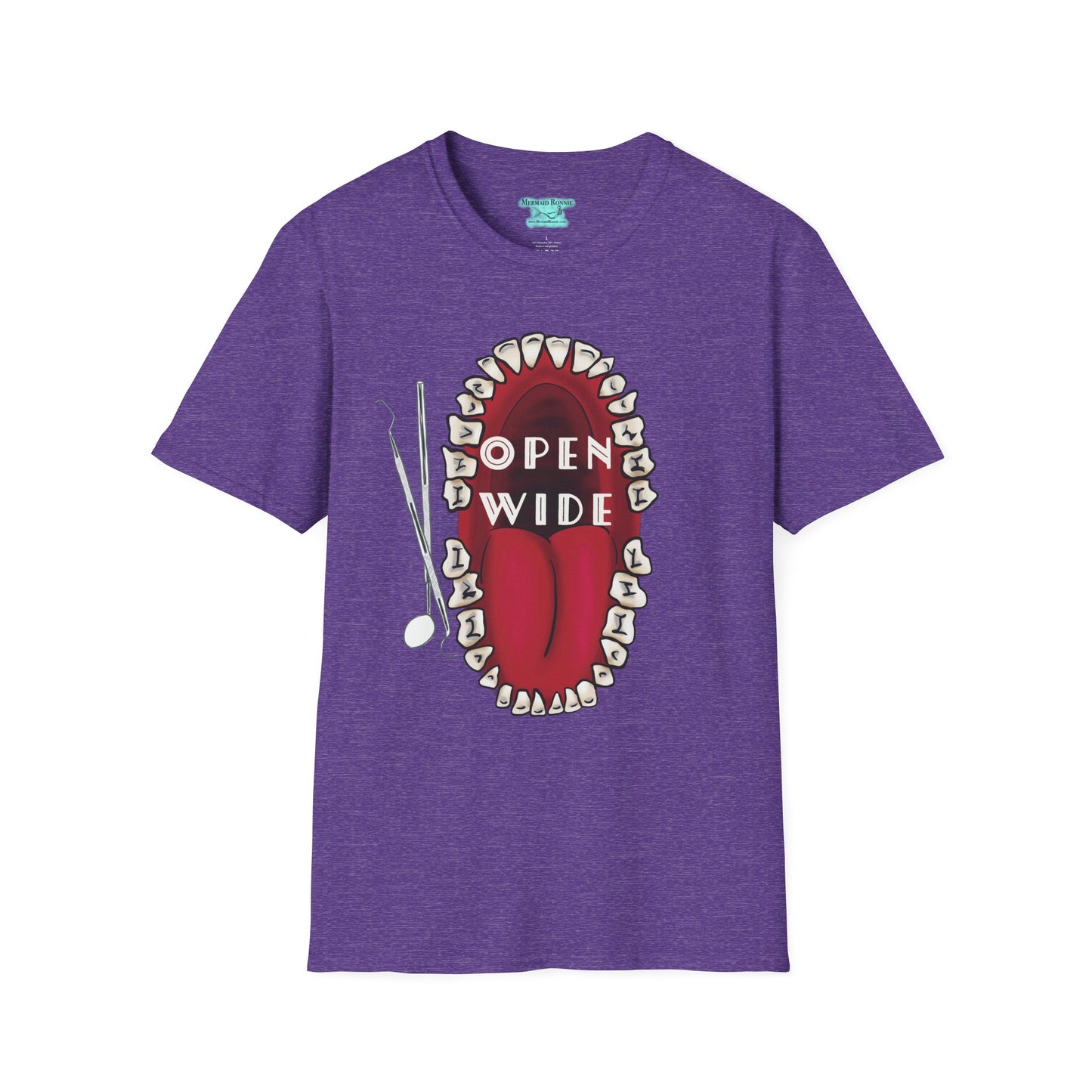 Dental Professional T-Shirt, Open Wide Design with Teeth and Dental Tools for Dentists and Dental Hygienists