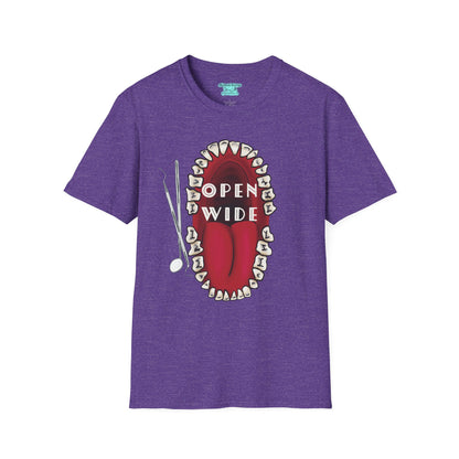 Dental Professional T-Shirt, Open Wide Design with Teeth and Dental Tools for Dentists and Dental Hygienists