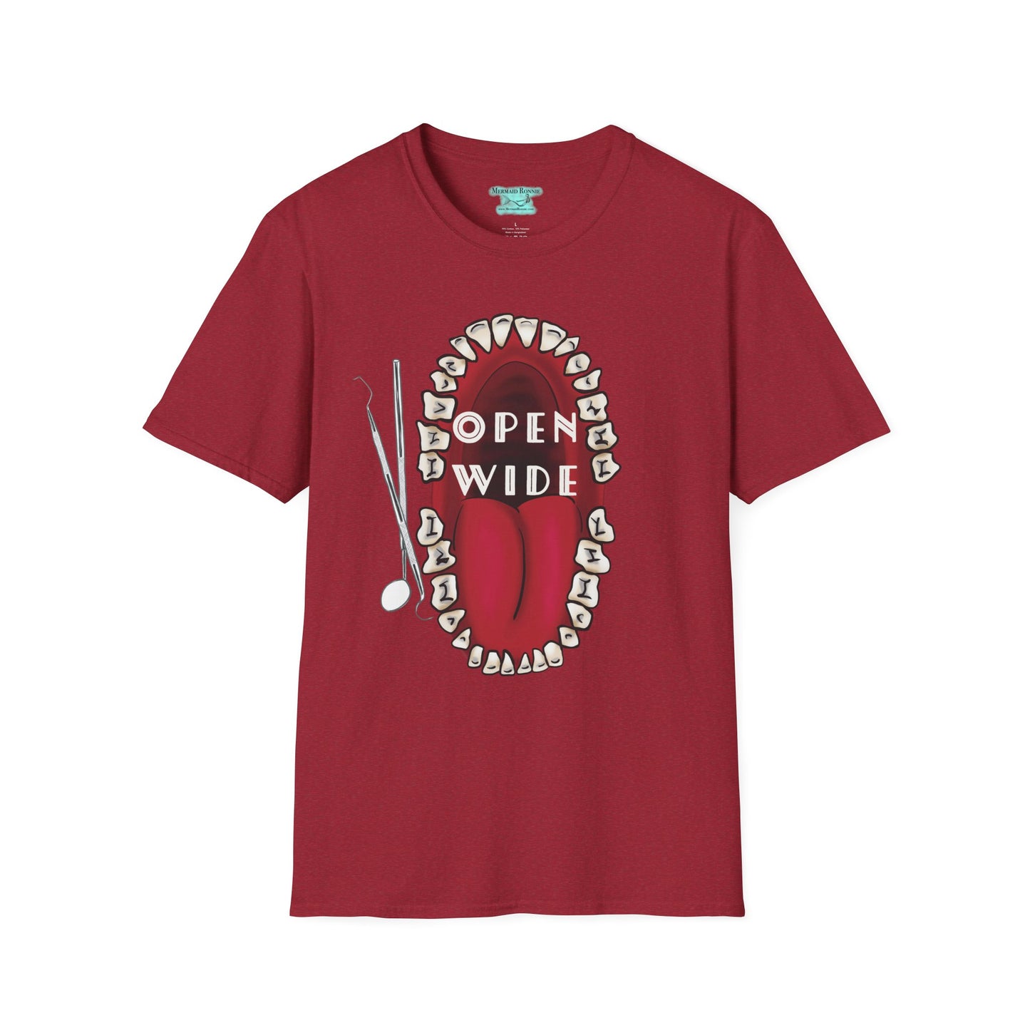 Dental Professional T-Shirt, Open Wide Design with Teeth and Dental Tools for Dentists and Dental Hygienists