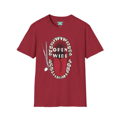 Dental Professional T-Shirt, Open Wide Design with Teeth and Dental Tools for Dentists and Dental Hygienists