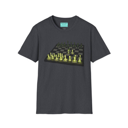 Dark grey unisex short-sleeve t-shirt featuring an electrifying chess board with glowing pieces mid–Queen’s Gambit, because nothing says “checkmate” like opening with flair and a radiant strategy.
