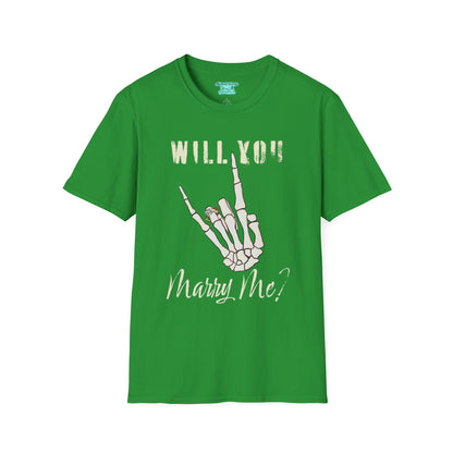 Will You Marry Me T-Shirt, Skeleton Rock and Roll Symbol, Unisex Wedding Proposal Tee