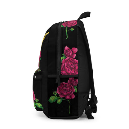 Gothic Skeleton Backpack, Gold Skeleton With Pink Roses, Black Book Bag, Anatomy Backpack