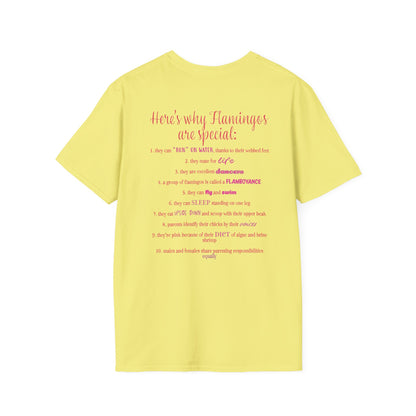 Back of a yellow unisex short-sleeve tee that proudly declares “Here’s why flamingos are special” above a list of 10 fun flamingo facts — because nothing says style like bird-based trivia on your back.