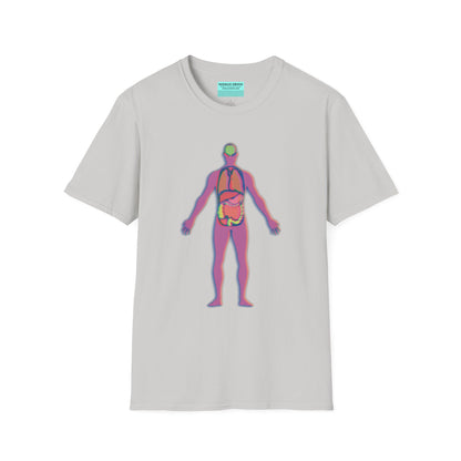 Grey t-shirt featuring an illustration of an anatomical figure with internal organs shown in different colors.