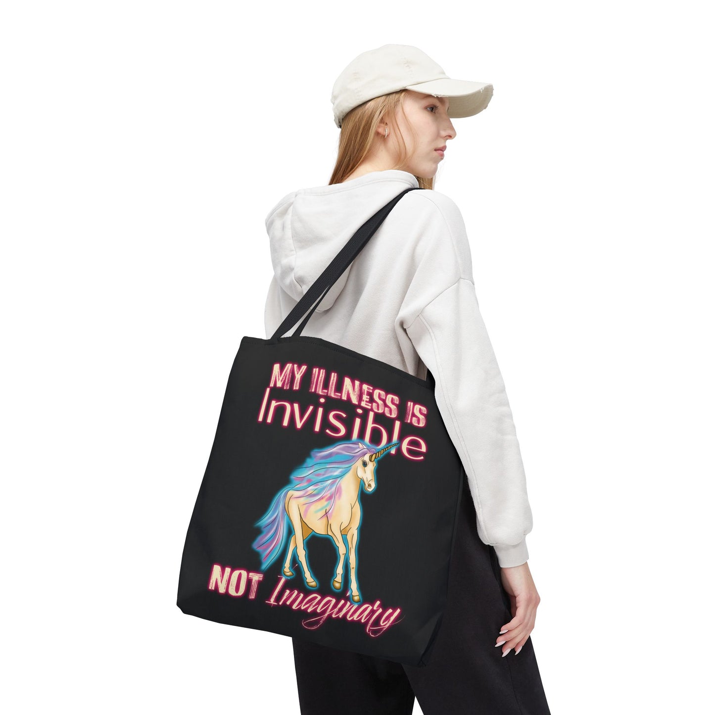 Invisible Illness Unicorn Tote Bag, Black Invisible Disability Canvas Reusable Bag