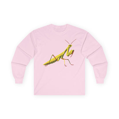 Long sleeve unisex pink shirt featuring an illustration of a yellow and green praying mantis insect on the front.
