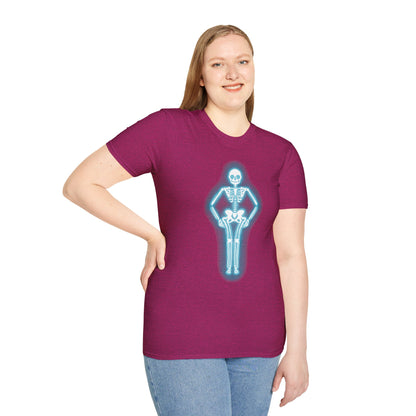 Woman wearing a fuscia t-shirt featuring an illustration of a glowing neon sign in the shape of a skeleton.