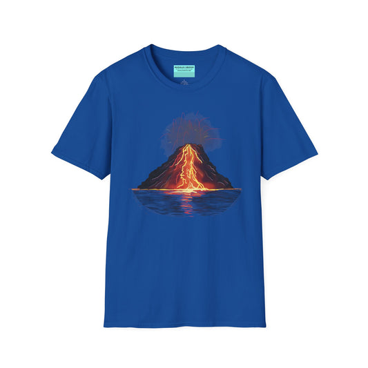 Royal blue t-shirt featuring a drawing of an erupting volcano with flowing lava.