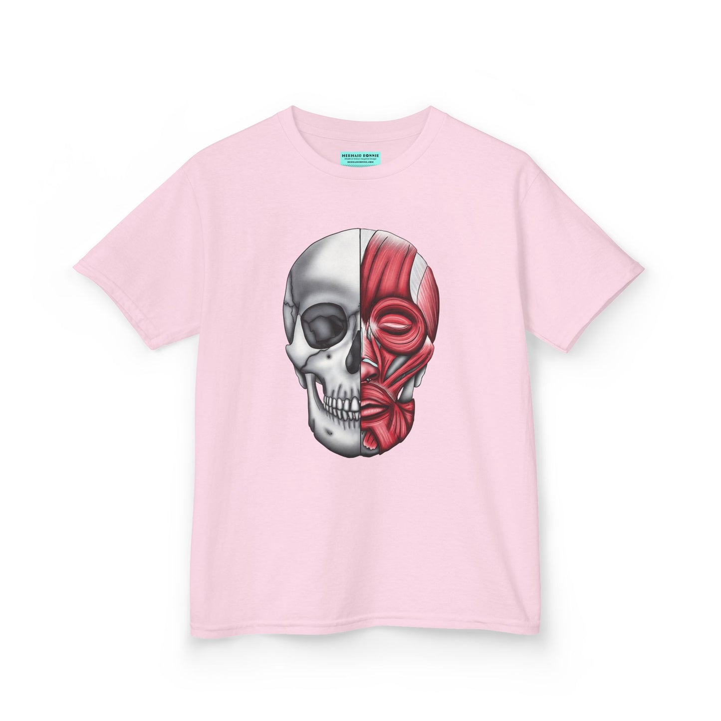 Kids' t-shirt in light pink featuring an anatomical drawing of a human skull, with facial muscles illustrated on one half of the skull.