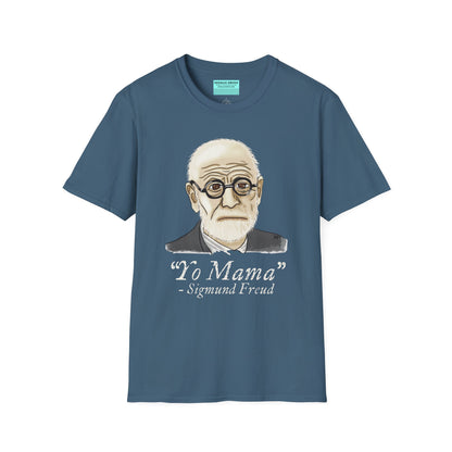 Indigo blue unisex short sleeve tee featuring a hand-drawn portrait of Sigmund Freud looking suspiciously insightful, with the phrase "Yo mama" playfully printed below—because sometimes, every complex issue really does go back to your mother.
