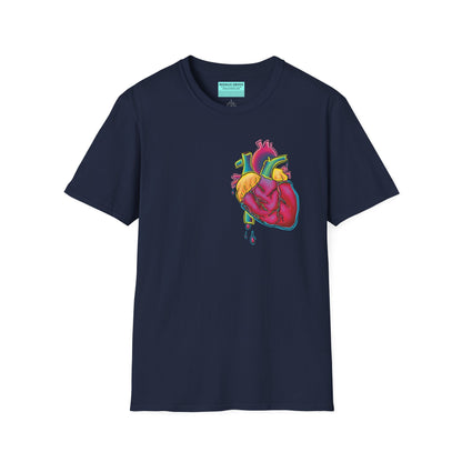 Navy unisex short sleeve t-shirt featuring a bold neon anatomical heart front and off-center, complete with dripping blood vessels—because nothing says “wear your heart on your sleeve” like wearing it smack on your chest in highlighter tones.