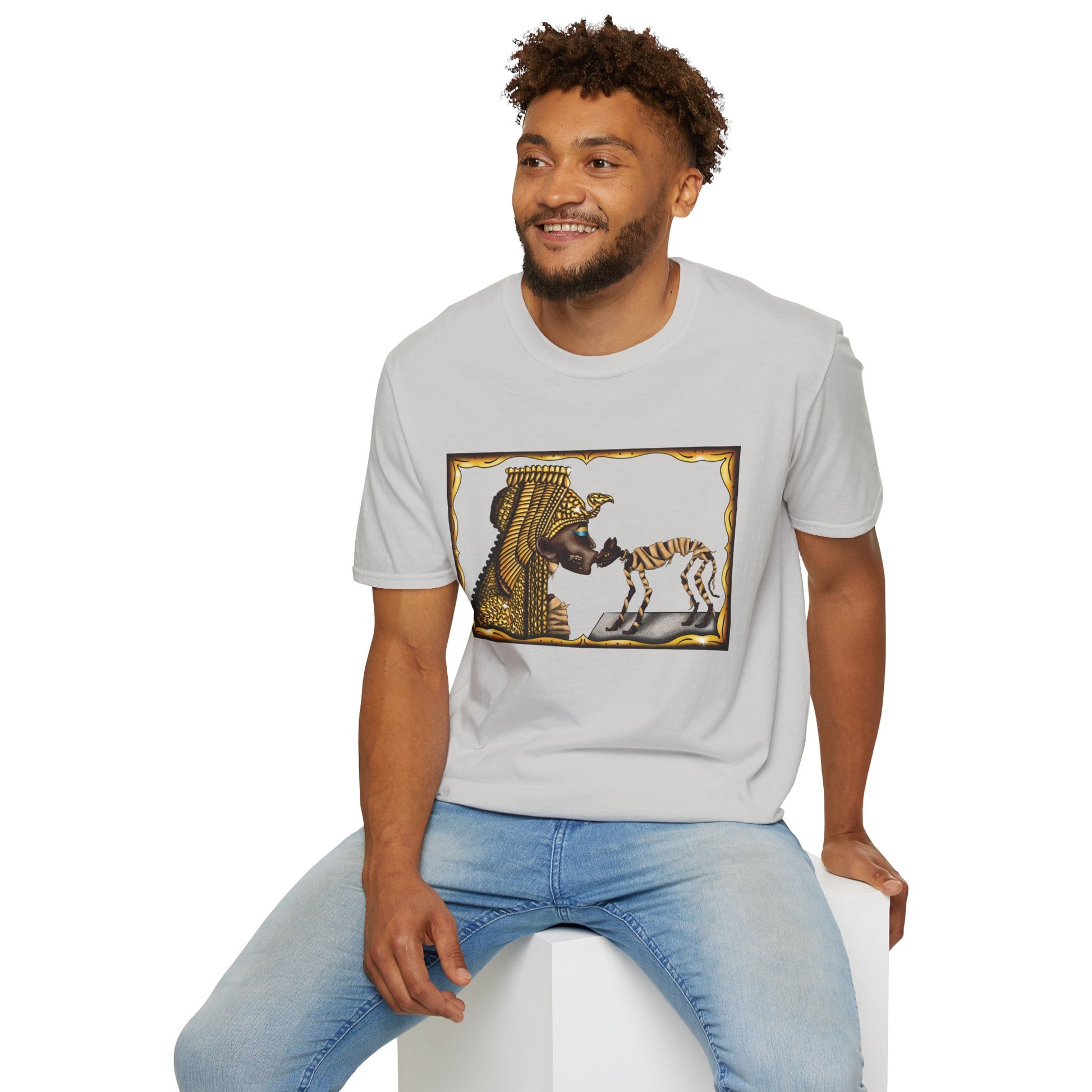 Man wearing a grey t-shirt featuring an illustration of Cleopatra mummy kissing a cat mummy.