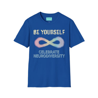 Royal blue t-shirt featuring a pastel-colored rainbow infinity symbol, with the text 'Be yourself, celebrate neurodiversity'.