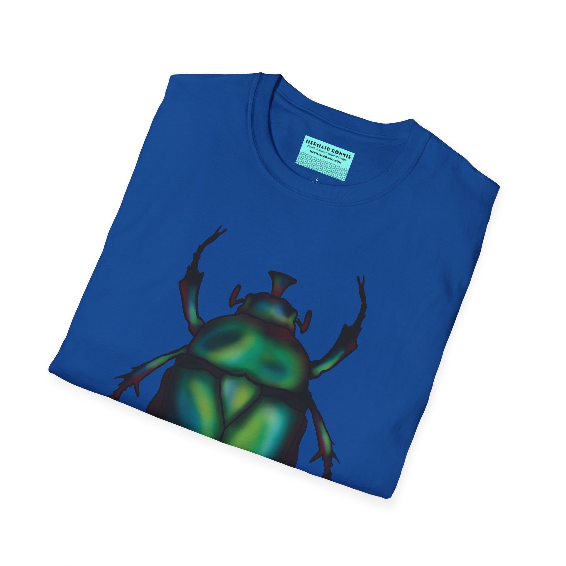 Folded blue t-shirt featuring an illustration of a June bug (green chafer beetle) across the chest.