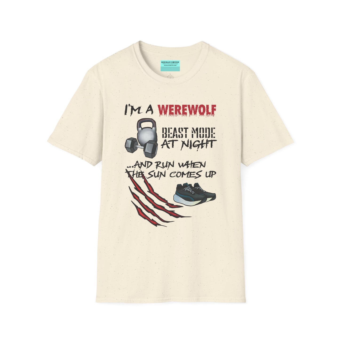 Beige t-shirt featuring illustrations of kettlebells, dumbbells, and running shoes, with the phrase 'I'm a werewolf. Beast mode at night, and run when the sun comes up.'