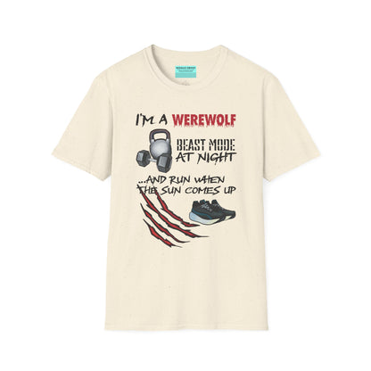 Beige t-shirt featuring illustrations of kettlebells, dumbbells, and running shoes, with the phrase 'I'm a werewolf. Beast mode at night, and run when the sun comes up.'