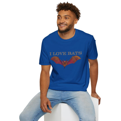 Man wearing a royal blue t-shirt featuring an irresistibly adorable brown bat with outstretched wings across the chest and the text “I love bats” — perfect for anyone who’s batty about flying mammals. 