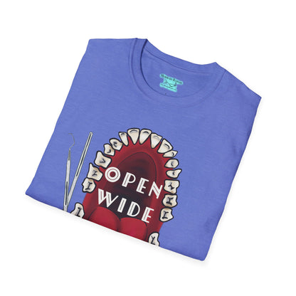 Dental Professional T-Shirt, Open Wide Design with Teeth and Dental Tools for Dentists and Dental Hygienists