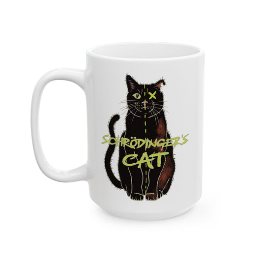 White coffee mug featuring a drawing of a black cat that is alive on one half and dead on the other, with the text 'Schrödinger's Cat' printed across the image.
