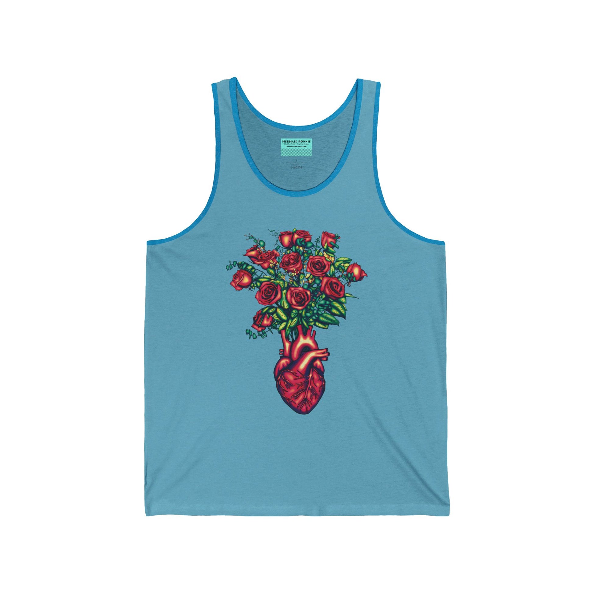 Light blue unisex tank top featuring an illustration of an anatomical heart used as a vase, with a bouquet of red roses blooming from the top.