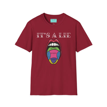 Red short-sleeve unisex t-shirt featuring a classic tongue taste map with the words “It’s a lie” boldly above it—busting the myth that different parts of your tongue taste different things. Sweet, salty, sour, bitter? Taste buds don’t discriminate!