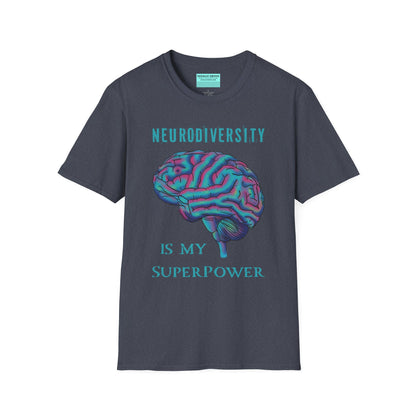 Dark grey t-shirt featuring an anatomical drawing of a brain, with the phrase 'Neurodiversity is my superpower' printed on it.