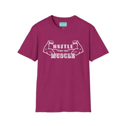 Pink unisex short sleeve t-shirt featuring a pair of flexed, muscle-bound arms and the bold text "Hustle for the Muscle"—because gains don’t come from wishes, they come from reps.