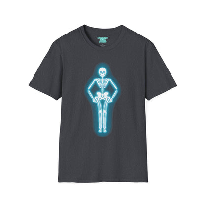 Neon Skeleton Graphic T-Shirt, Glowing Blue Neon Sign Tee, Unisex Skeleton Shirt