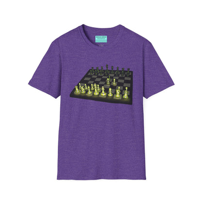 Light purple unisex short-sleeve t-shirt featuring an electrifying chess board with glowing pieces mid–Queen’s Gambit, because nothing says “checkmate” like opening with flair and a radiant strategy.