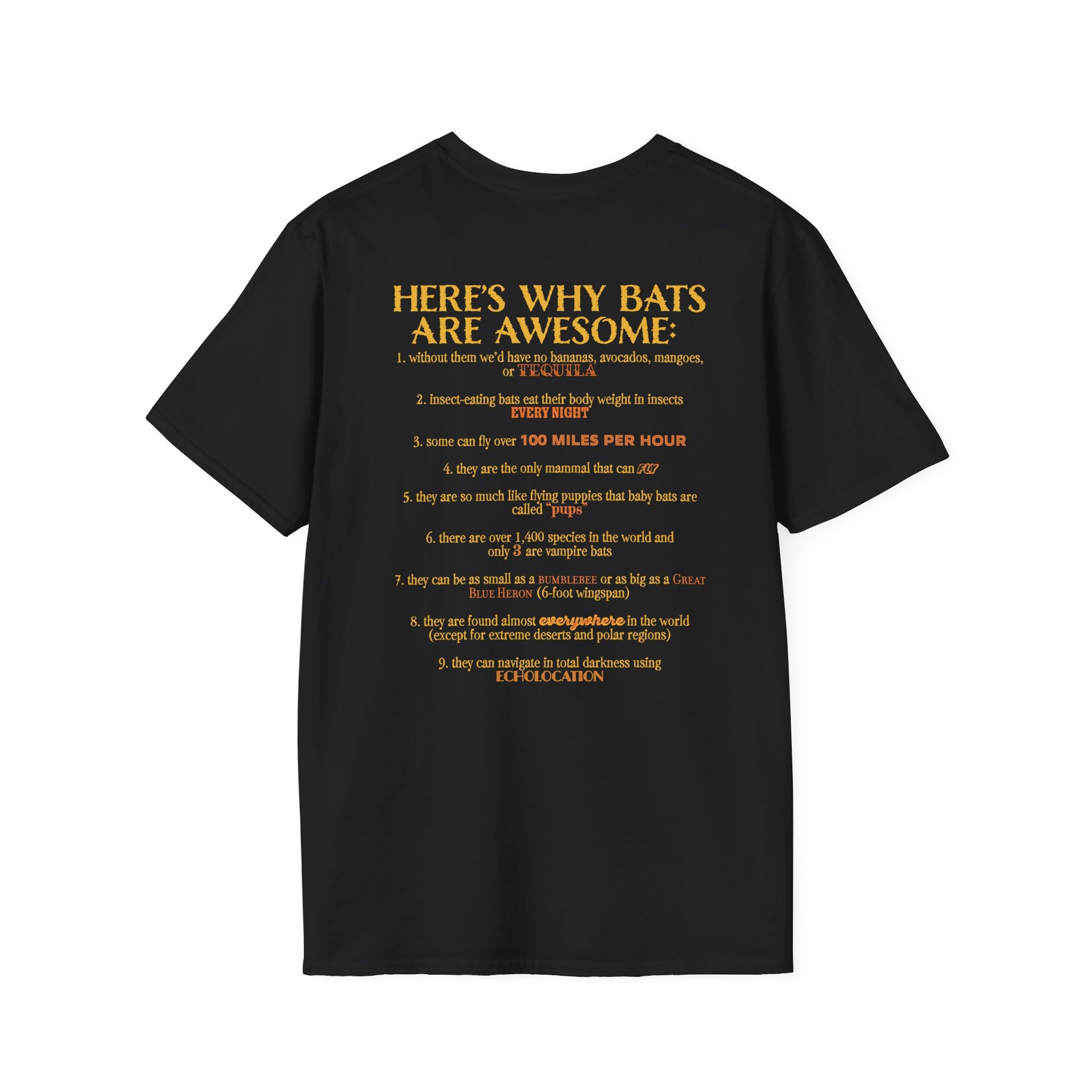 Back of a black t-shirt that reads “Here’s why bats are awesome,” followed by a fun list of 9 bat facts—because who doesn’t want wearable proof that bats are the underrated rockstars of the animal kingdom?