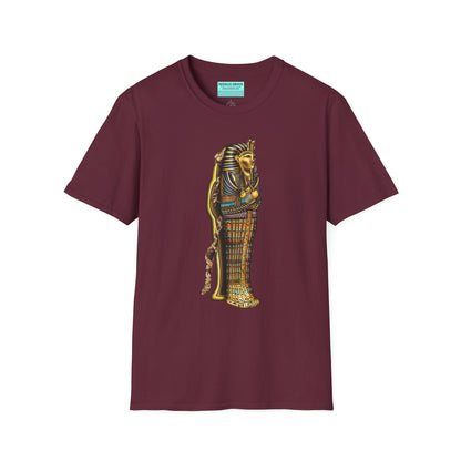 Burgundy t-shirt featuring an illustration of an Egyptian sarcophagus, with a mummy stepping out of it and glowing red eyes.