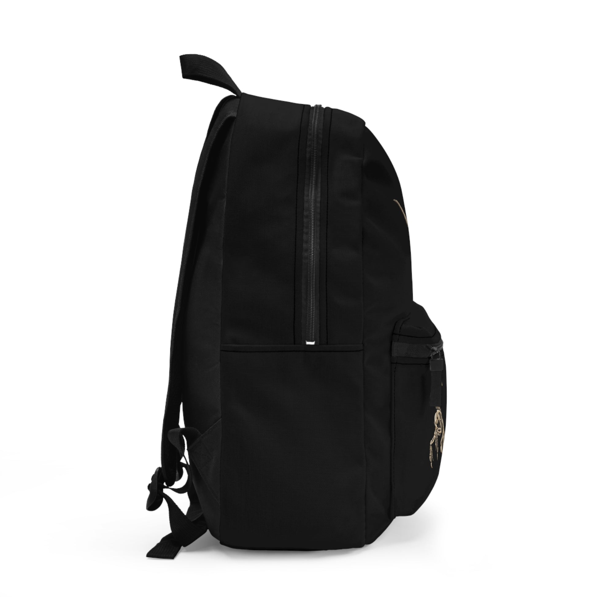 Side view of a black backpack featuring illustrations of two velociraptor skeletons in a dynamic, fossil-style design