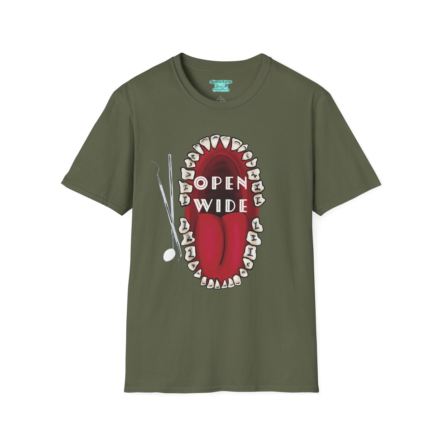 Dental Professional T-Shirt, Open Wide Design with Teeth and Dental Tools for Dentists and Dental Hygienists