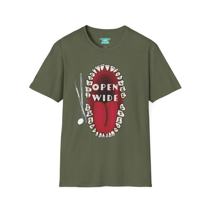 Dental Professional T-Shirt, Open Wide Design with Teeth and Dental Tools for Dentists and Dental Hygienists