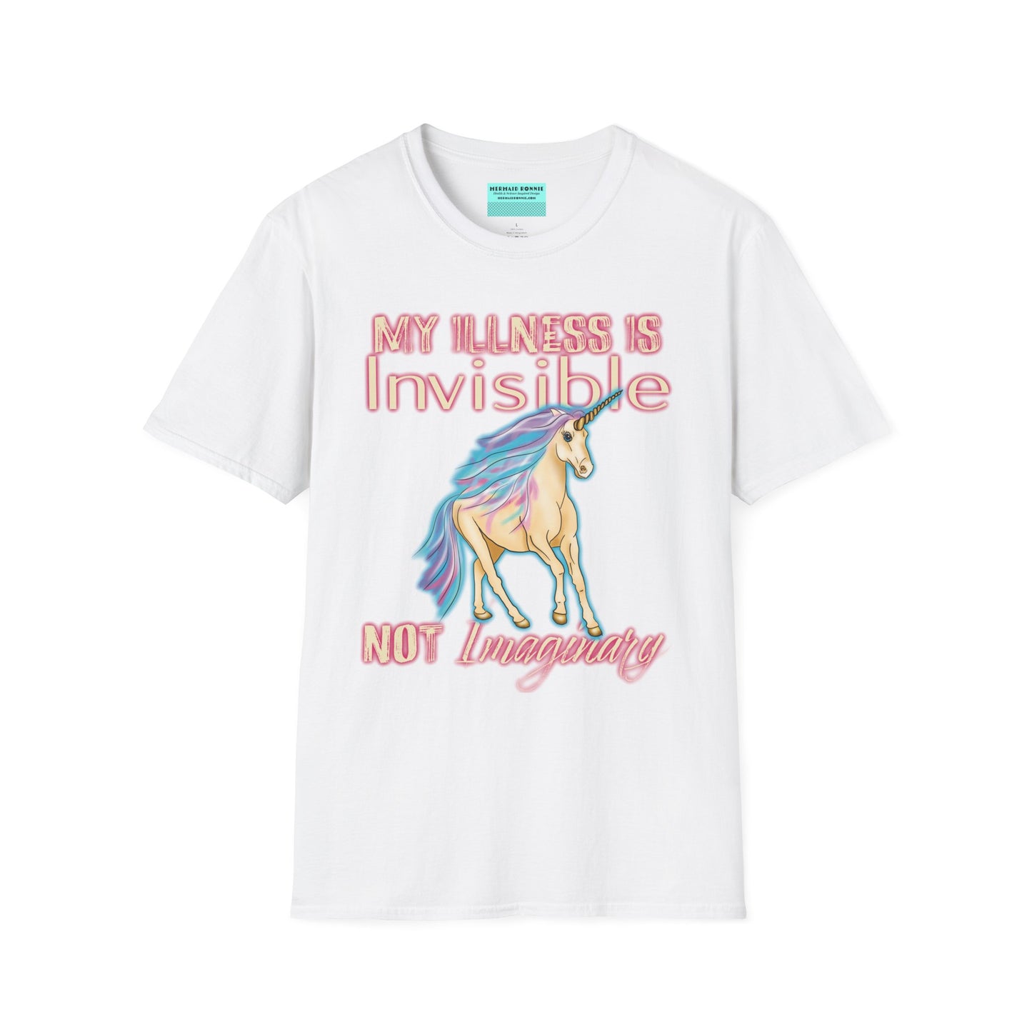 White shirt featuring a drawing of a unicorn and the phrase 'My illness is invisible not imaginary'.