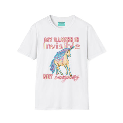 White shirt featuring a drawing of a unicorn and the phrase 'My illness is invisible not imaginary'.