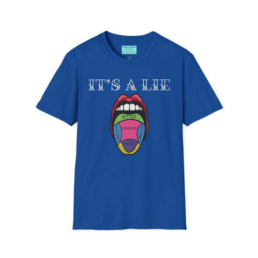 Royal blue short-sleeve unisex t-shirt featuring a classic tongue taste map with the words “It’s a lie” boldly above it—busting the myth that different parts of your tongue taste different things. Sweet, salty, sour, bitter? Taste buds don’t discriminate!