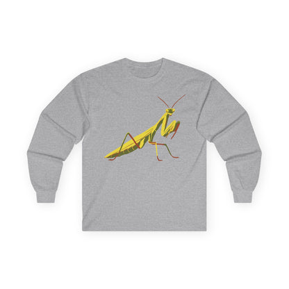 Long sleeve unisex grey shirt featuring an illustration of a yellow and green praying mantis insect on the front.